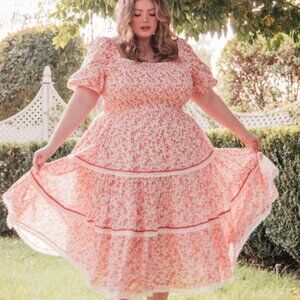 Jessakae Strawberry Midi Dress Plus Size 4X Smocked Square Neck Tiered Flowy